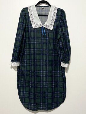 Womens Vintage Cottagecore Nightgown M Plaid Granny Prairie Peter Pan Collar
